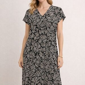 J.Jill Black & White Floral V-Neck Dress Size M Short Sleeve Knee-Length